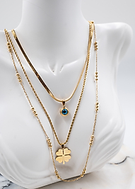 3'lü İtalyan Zincir Yonca Figürlü Nazar Boncuk Detaylı Çelik Kolye