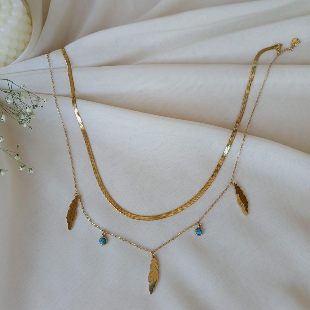 2'li Gold Yaprak Modelli Çelik Kolye