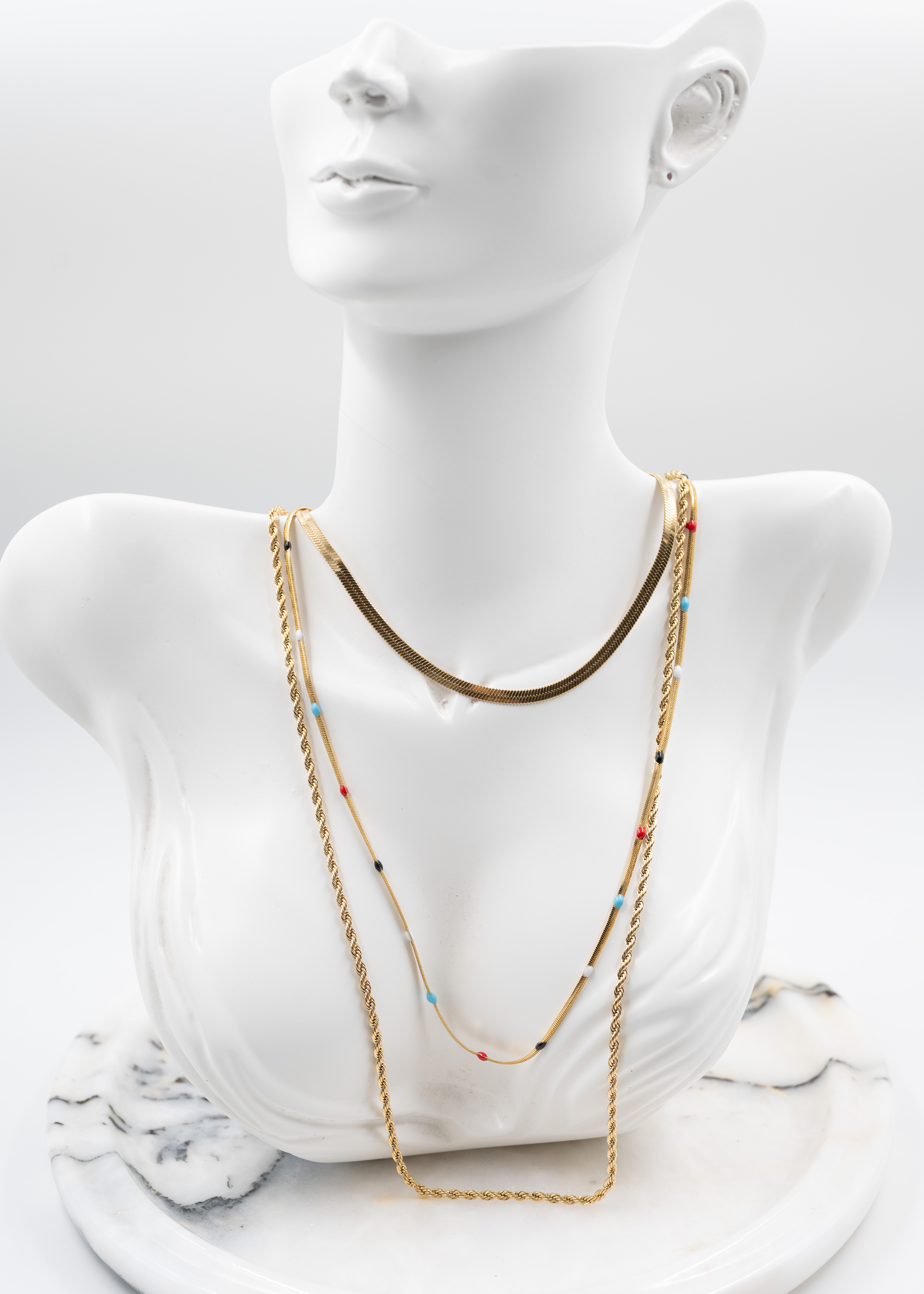 Gold Renk İtalyan Burgu Boncuk Tasarım 3'lü Çelik Kolye