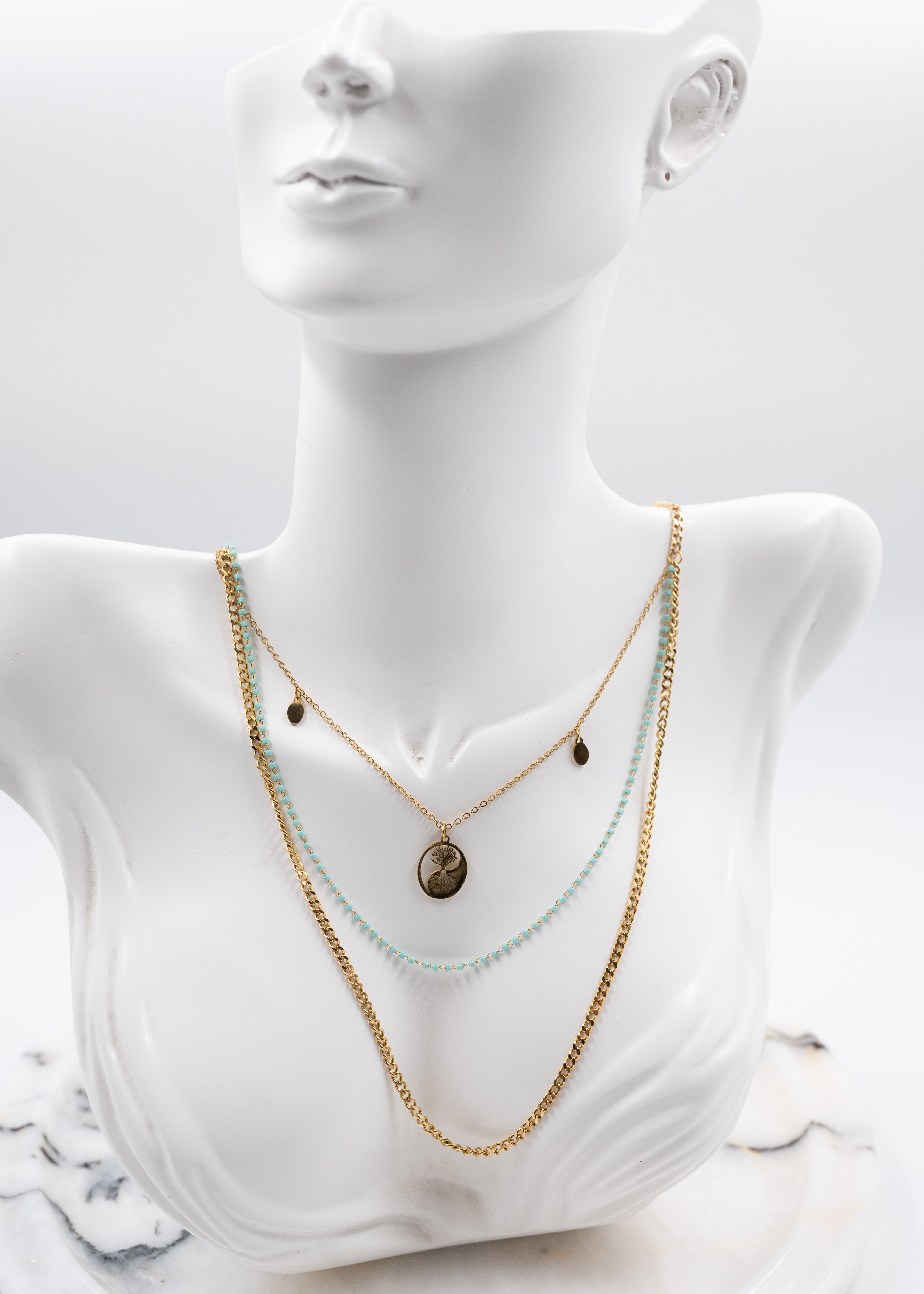 3lü yaşam agaçlı mavi taşli çelik kolye